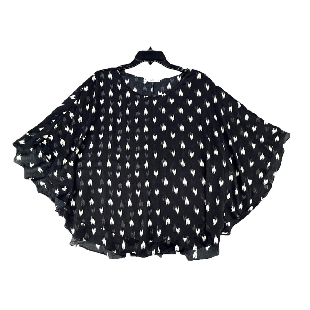 Sioni Women Black Abstract Sheer Flutter Sleeve Oversize Casual Chiffon Blouse